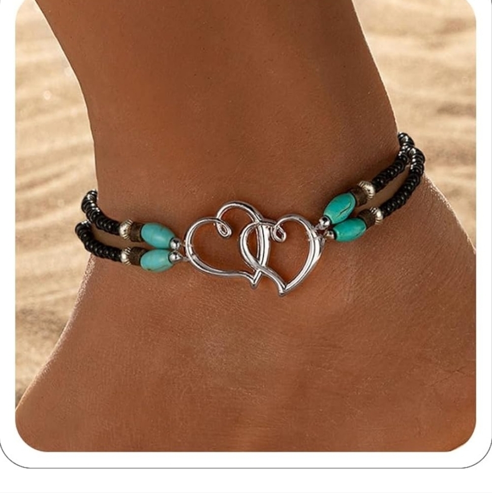 Silver Heart Charm Anklet with Turquoise Beads